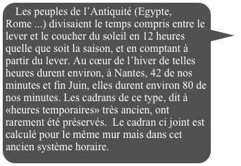 Les peuples de l’Antiquité (Egypte, Rome ...) divisaient le temps compris entre le lever et le coucher du soleil en 12 heures quelle que soit la saison, et en comptant à partir du lever. Au cœur de l’hiver de telles heures durent environ, à Nantes, 42 de nos minutes et fin Juin, elles durent environ 80 de nos minutes. Les cadrans de ce type, dit à «heures temporaires» très ancien, ont rarement été préservés.  Le cadran ci joint est calculé pour le même mur mais dans cet ancien système horaire.

