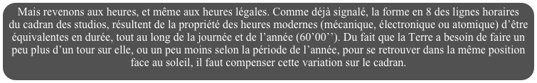 Mais revenons aux heures, et même aux heures légales. Comme déjà signalé, la forme en 8 des lignes horaires du cadran des studios, résultent de la propriété des heures modernes (mécanique, électronique ou atomique) d’être équivalentes en durée, tout au long de la journée et de l’année (60’00’’). Du fait que la Terre a besoin de faire un peu plus d’un tour sur elle, ou un peu moins selon la période de l’année, pour se retrouver dans la même position face au soleil, il faut compenser cette variation sur le cadran. 
