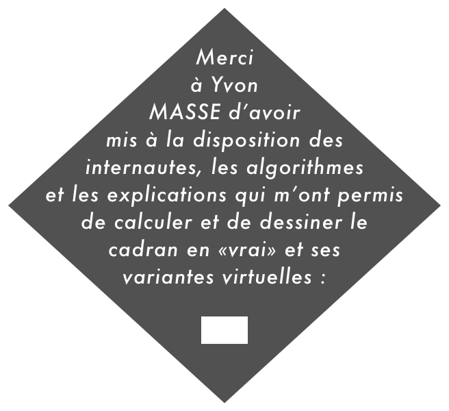 Merci à Yvon MASSE d’avoir mis à la disposition des internautes, les algorithmes et les explications qui m’ont permis de calculer et de dessiner le cadran en «vrai» et ses variantes virtuelles :

Lien