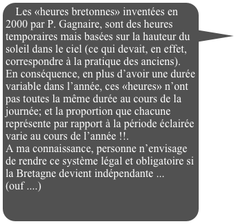 Les «heures bretonnes» inventées en 2000 par P. Gagnaire, sont des heures temporaires mais basées sur la hauteur du soleil dans le ciel (ce qui devait, en effet, correspondre à la pratique des anciens). 
En conséquence, en plus d’avoir une durée variable dans l’année, ces «heures» n’ont pas toutes la même durée au cours de la journée; et la proportion que chacune représente par rapport à la période éclairée varie au cours de l’année !!.
A ma connaissance, personne n’envisage de rendre ce système légal et obligatoire si la Bretagne devient indépendante ...
(ouf ....)


