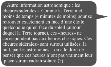 Autre information astronomique : les «heures sidérales». Comme la Terre met moins de temps (4 minutes de moins) pour se retrouver exactement en face d’une étoile quelconque qu’en face du soleil (autour duquel la Terre tourne), ces «heures» ne correspondent pas aux heures classiques. Ces «heures sidérales» sont surtout utilisées, la nuit, par les astronomes... on a le droit de penser que ces heures n’ont pas vraiment leur place sur un cadran solaire (?).


