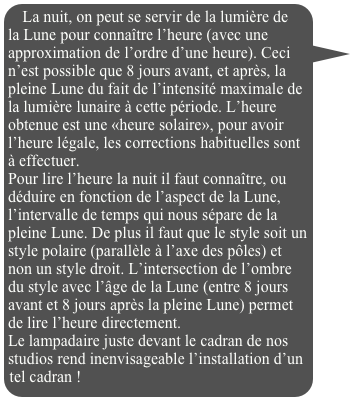 La nuit, on peut se servir de la lumière de la Lune pour connaître l’heure (avec une approximation de l’ordre d’une heure). Ceci n’est possible que 8 jours avant, et après, la pleine Lune du fait de l’intensité maximale de la lumière lunaire à cette période. L’heure obtenue est une «heure solaire», pour avoir l’heure légale, les corrections habituelles sont à effectuer.
Pour lire l’heure la nuit il faut connaître, ou déduire en fonction de l’aspect de la Lune, l’intervalle de temps qui nous sépare de la pleine Lune. De plus il faut que le style soit un style polaire (parallèle à l’axe des pôles) et non un style droit. L’intersection de l’ombre du style avec l’âge de la Lune (entre 8 jours avant et 8 jours après la pleine Lune) permet de lire l’heure directement. 
Le lampadaire juste devant le cadran de nos studios rend inenvisageable l’installation d’un tel cadran !


