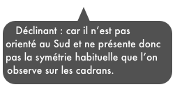 Déclinant : car il n’est pas orienté au Sud et ne présente donc pas la symétrie habituelle que l’on observe sur les cadrans.